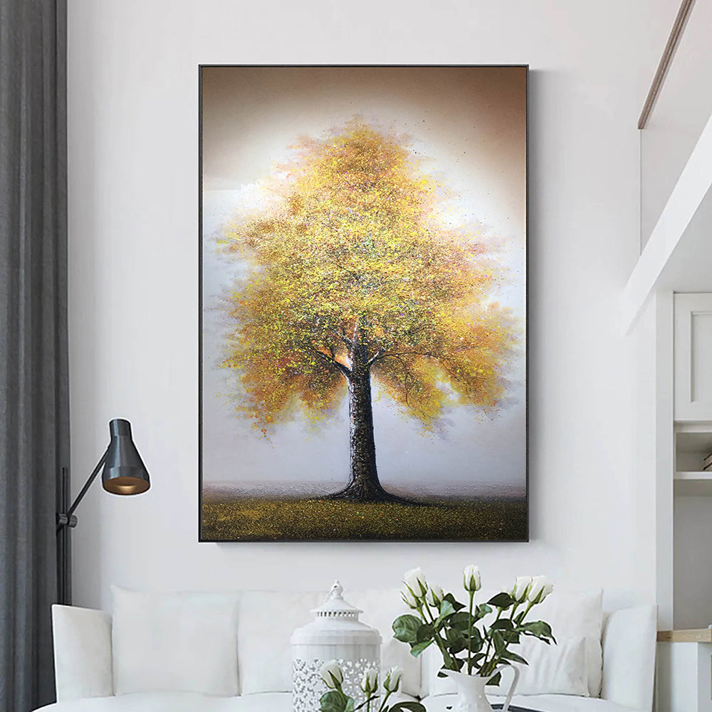 Hand Painted Oil Painting Original Tree Painting on Canvas Large Abstract Gold Big Tower Tree Landscape Acrylic Oil Painting Modern Living Room Wall Art Decor