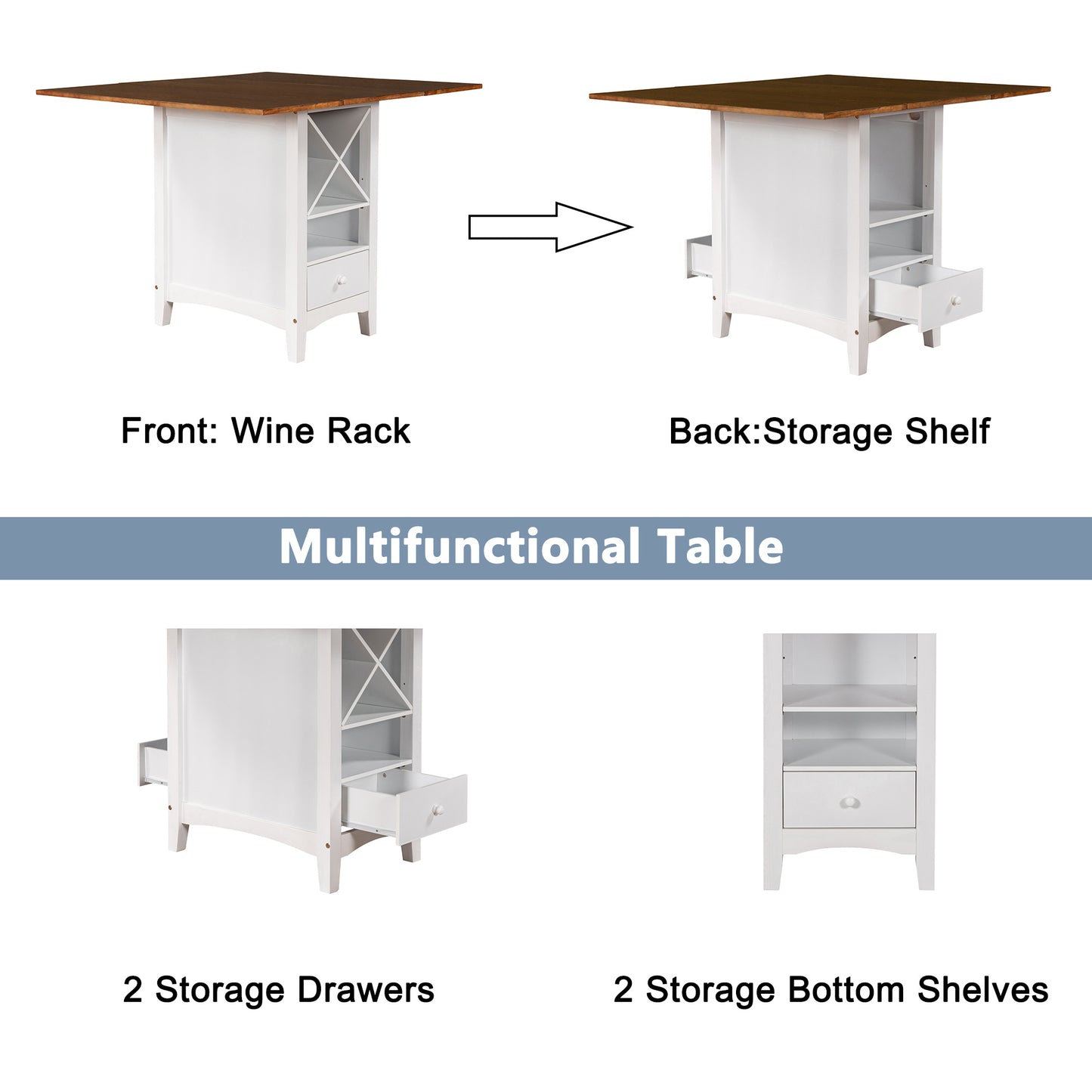 Farmhouse Wood Counter Height 5-Piece Dining Table Set with Drop Leaf, Kitchen Set with Wine Rack and Drawers for Small Places