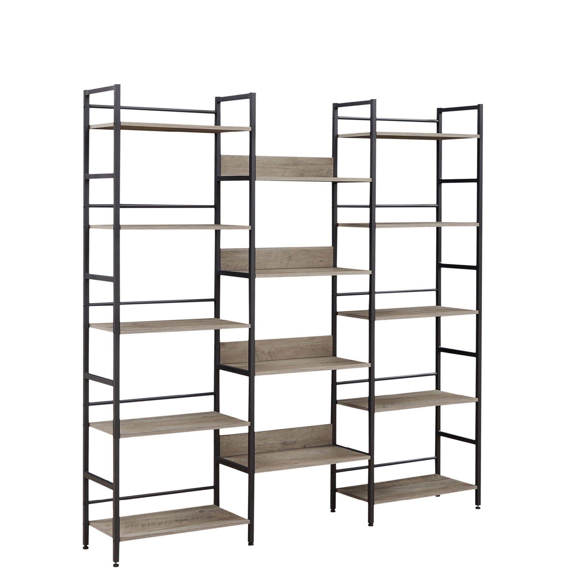 Triple Wide 5-shelf Bookshelves Industrial Retro Wooden Style Home and Office Large Open Bookshelves, Grey, 69.3"W x 11.8"D x 70.1"H - Home Decor by Design