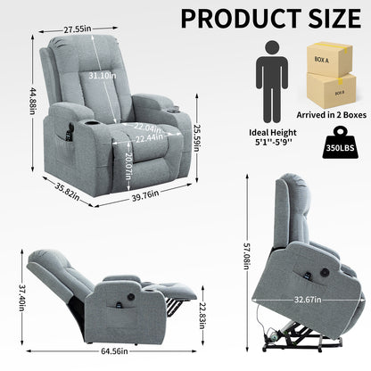 Infinite Position Okin Motor Up to 350 LBS Power Lift Recliner Chair for Elderly, Heavy Duty Motion Mechanism with 8-Point Vibration Massage and Lumbar Heating, USB Charging Port, Cup Holders, Grey