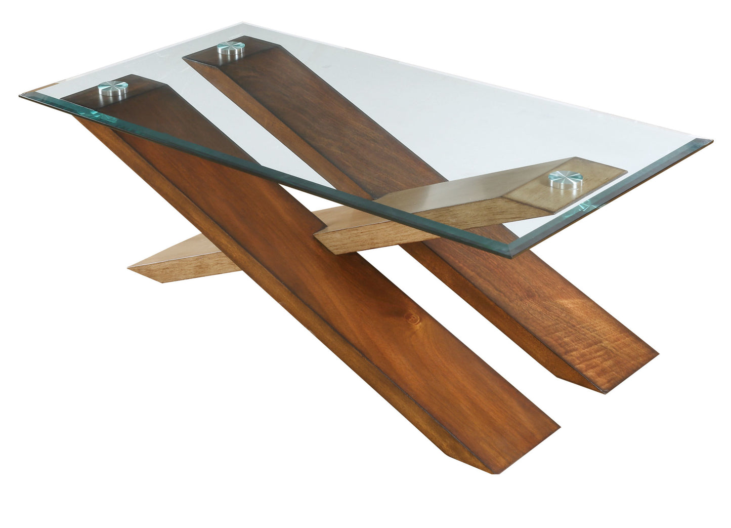 Modern Cross Tie End Table - Beveled Glass Top, Contrasting Natural and Cherry Finish - Unique Accent Piece, Stylish Home Brightener