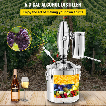 VEVOR 20L 5.3Gal Water Alcohol Distiller 304 Stainless Steel Alcohol Still Wine Making Boiler Home Kit with Thermometer for Whiskey Brandy Essential, Silver