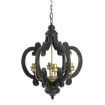 French Country Wood Chandelier, 6-Light Farmhouse Pendant Light Fixture with 28" Adjustable Chain for Kitchen Foyer Hallway, Bulb Not Included