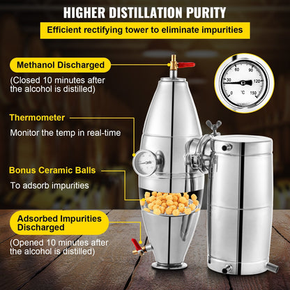VEVOR 20L 5.3Gal Water Alcohol Distiller 304 Stainless Steel Alcohol Still Wine Making Boiler Home Kit with Thermometer for Whiskey Brandy Essential, Silver