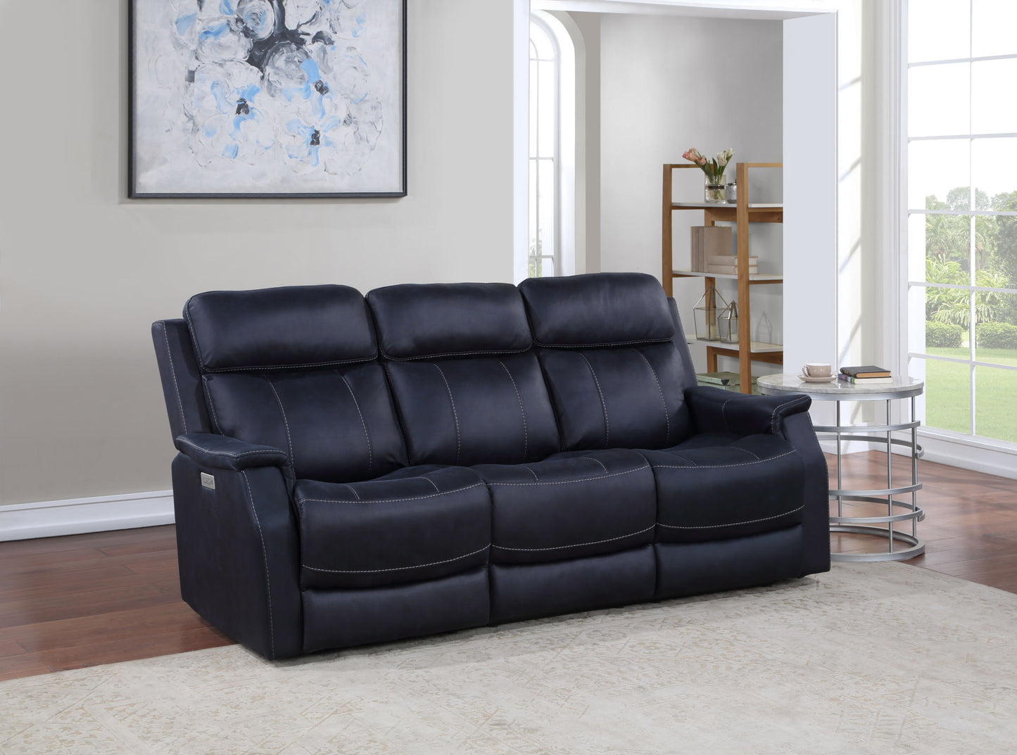 Tailored Dual-Power Reclining Sofa - Nubuck Leather-Like Cover, Power Headrest, Power Footrest - Contemporary Design, Hand-Stitching Details