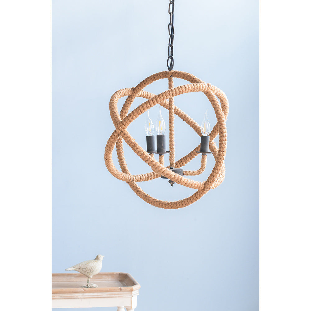 3- Light Farmhouse Chandelier, Rope Chandelier Globe Hanging Light Fixture with with Adjustable Chain for Kitchen Dining Room Foyer Entryway, Bulb Not Included