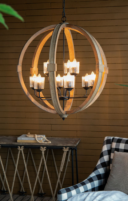 9- Light Globe Chandelier, Wood Chandelier Hanging Light Fixture with Adjustable Chain for Kitchen Dining Room Foyer Entryway, Bulb Not Included