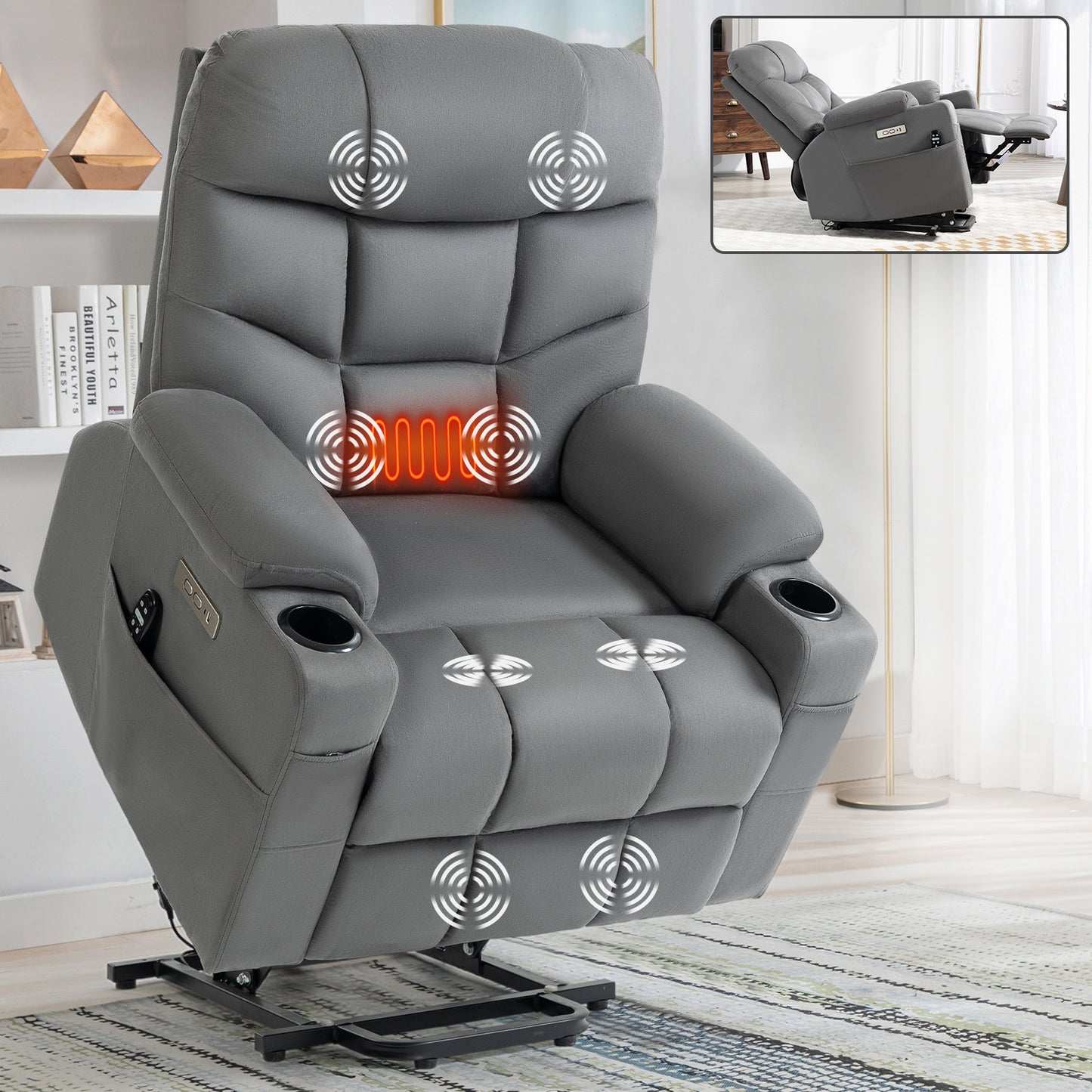 Okin Motor Up to 350 LBS Power Lift Recliner Chair, Heavy Duty Motion Mechanism with 8-Point Vibration Massage and Lumbar Heating, Cup Holders, USB and Type-C Ports, Removable Cushions, Grey