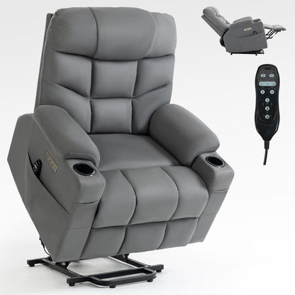 Okin Motor Up to 350 LBS Power Lift Recliner Chair, Heavy Duty Motion Mechanism with 8-Point Vibration Massage and Lumbar Heating, Cup Holders, USB and Type-C Ports, Removable Cushions, Grey