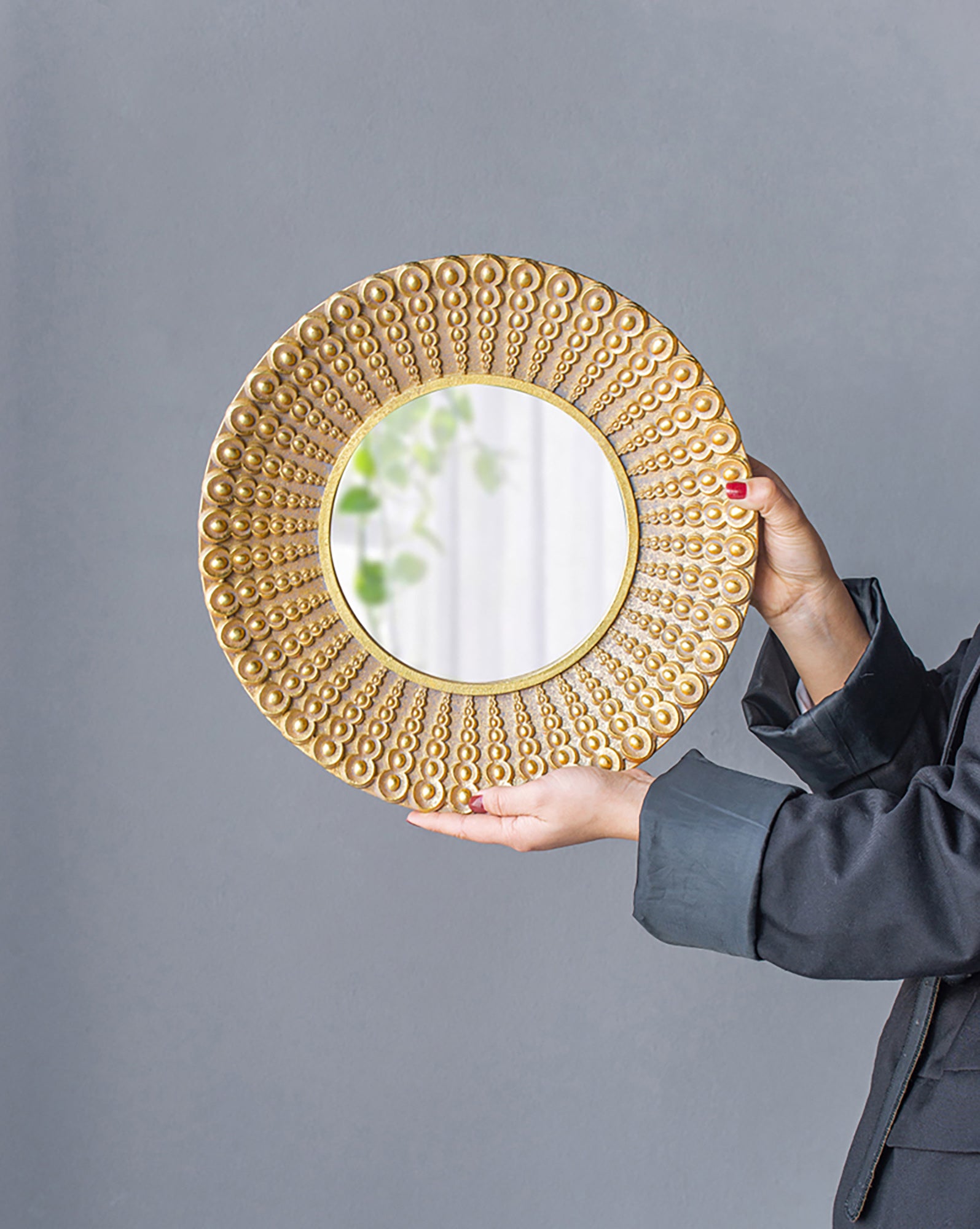 14" Gold Beaded Sunburst Mirror, Round Accent Wall Mirror - Home Decor by Design