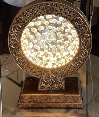 28" Antique polyresin Table Lamp WITH FLOATING CRYSTAL DECOR ON CENTER