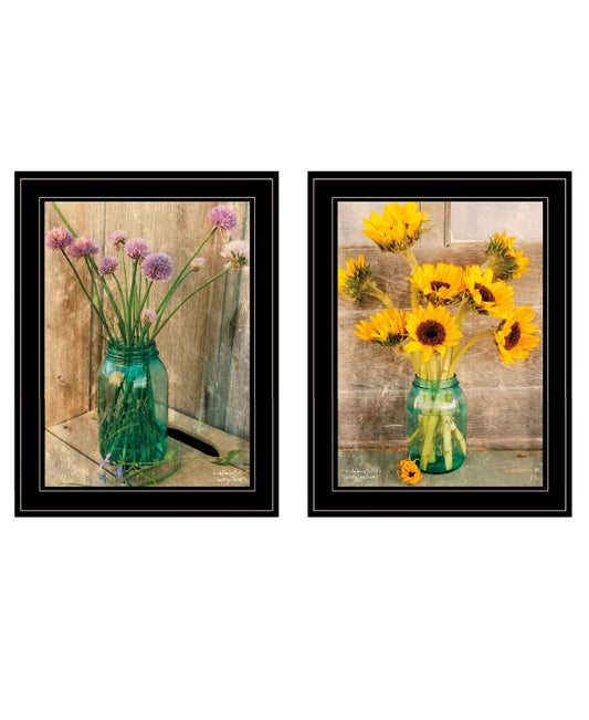 "Country Sunflowers & Chives" 2-Piece Vignette by Anthony Smith, Ready to Hang Framed Print, Black Frame