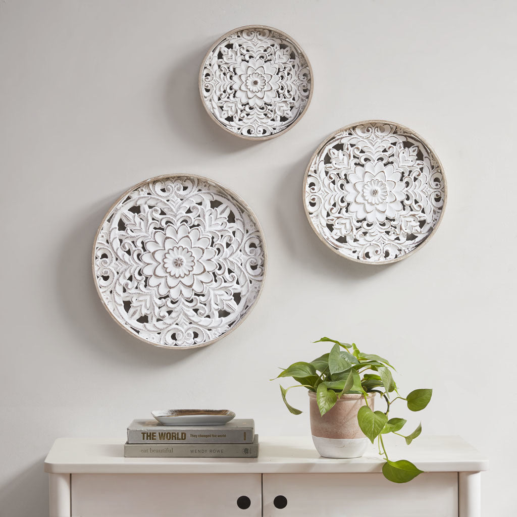 Distressed White Floral 3-piece Carved Wood Wall Decor Set