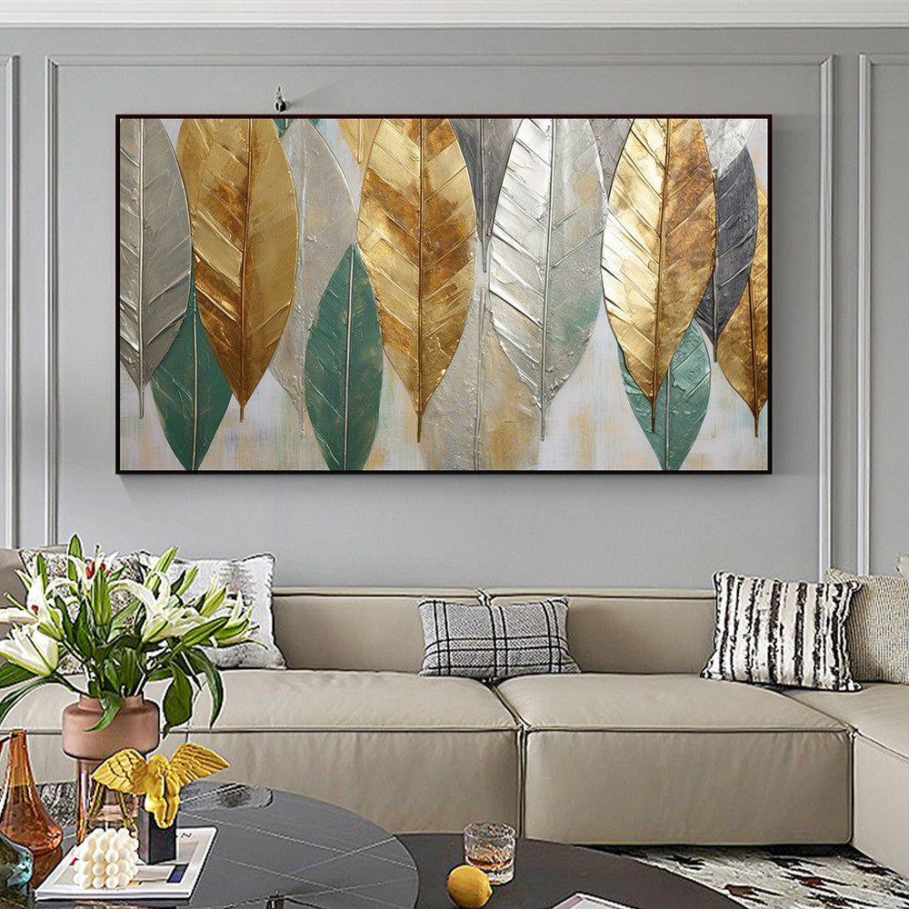 Hand Painted Oil Painting Large Abstract Leaves Oil Painting on Canvas Original Plants Painting Gold Foil Art Decor Living room Wall Decor Custom Modern Wall Art